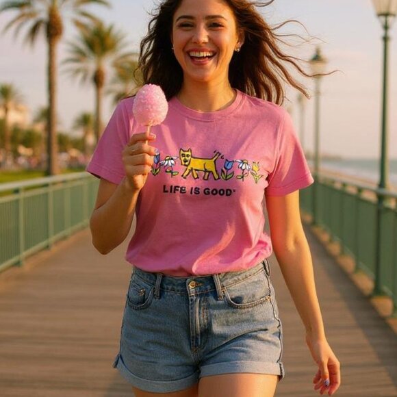 Camiseta Cuello V Estampada Camiseta Life Is Good Mujer - , Algodón Suave Crusher V-neck